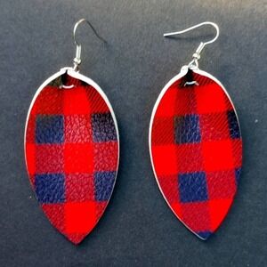 5 for $25 Buffalo Plaid Leather Earrings Black Red Holiday Earrings Teardrop